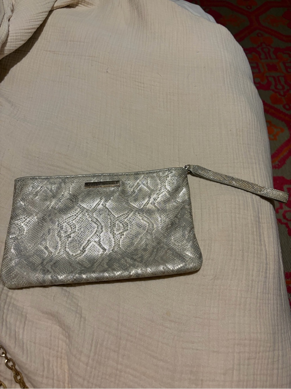 Metallic Silver Snake-Embossed Wristlet Clutch